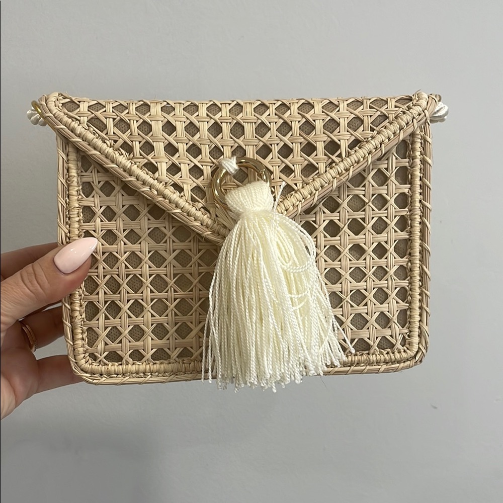 Elegant Tan Woven Clutch with Tassel